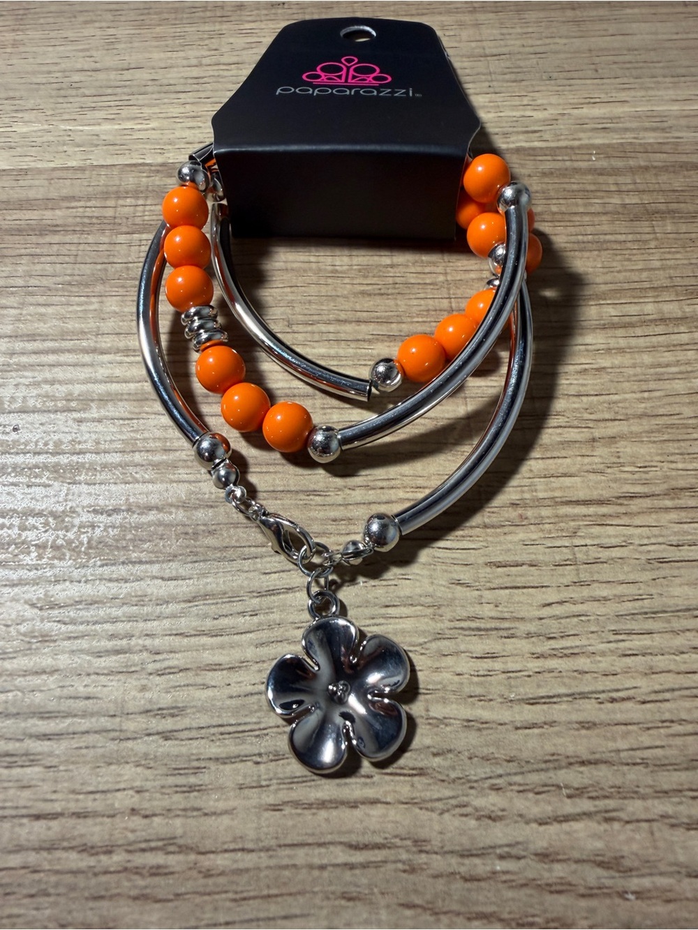 paparazzi Orange Bead & Silver Flower Charm Bracelet